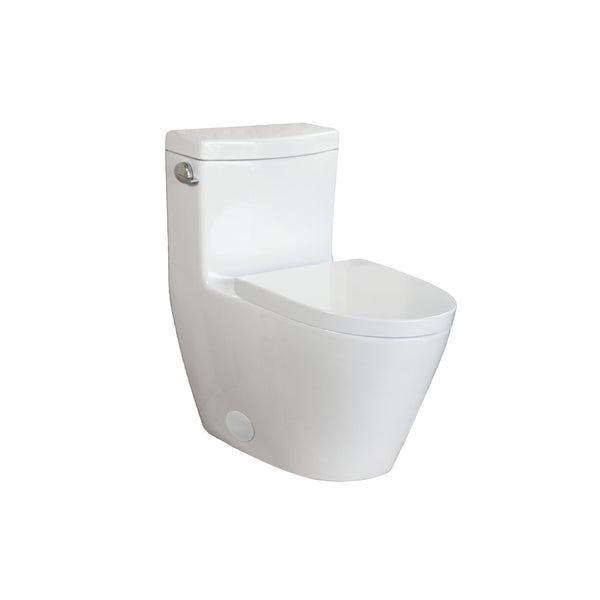 One-piece, elongated, single-flush toilet