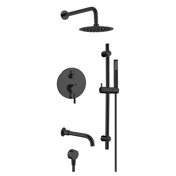 Matte black round shower kit: Rain shower, hand shower and bath spout - II