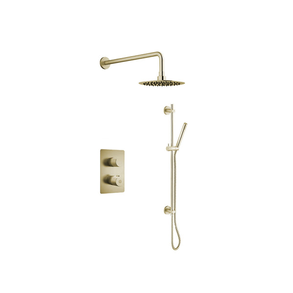 Thermostatic Shower Set Including Shower Head, Handshower On Rail And Valve In Brushed brass (gold)