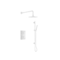 Ensemble de douche thermostatique: pomme de douche, douchette sur rail et valve avec fini blanc mat
