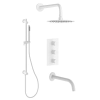 Shower Kit With Rain Showerhead, Hand Shower, Valve, and Bathtub Spout in Matte White Finish