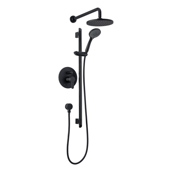 Matte black round shower kit: Rain shower and hand shower spout