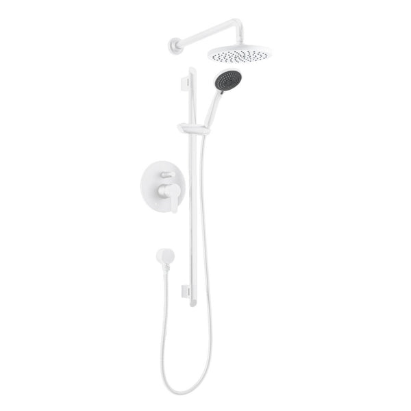 Matte white round shower kit: Rain shower and hand shower spout