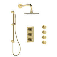 Shower Kit With Hand Shower on a Rail With Integrated Elbow, Rain Showerhead, and Four Body Jets in Brushed Brass Finish