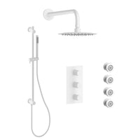 Shower Kit With Hand Shower on a Rail With Integrated Elbow, Rain Showerhead, and Four Body Jets in Matte White Finish