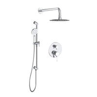 Vivetta Shower faucet set with rain shower head and hand shower on sliding rail, featuring an integrated elbow