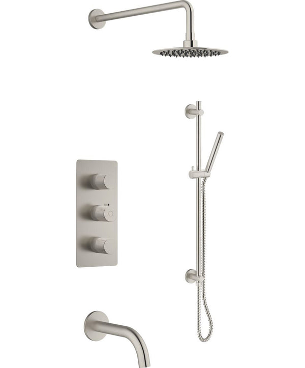 Brushed Nickel Thermostatic Shower / Tub Set Including Shower Head, Handshower On Rail, Valve And Spout